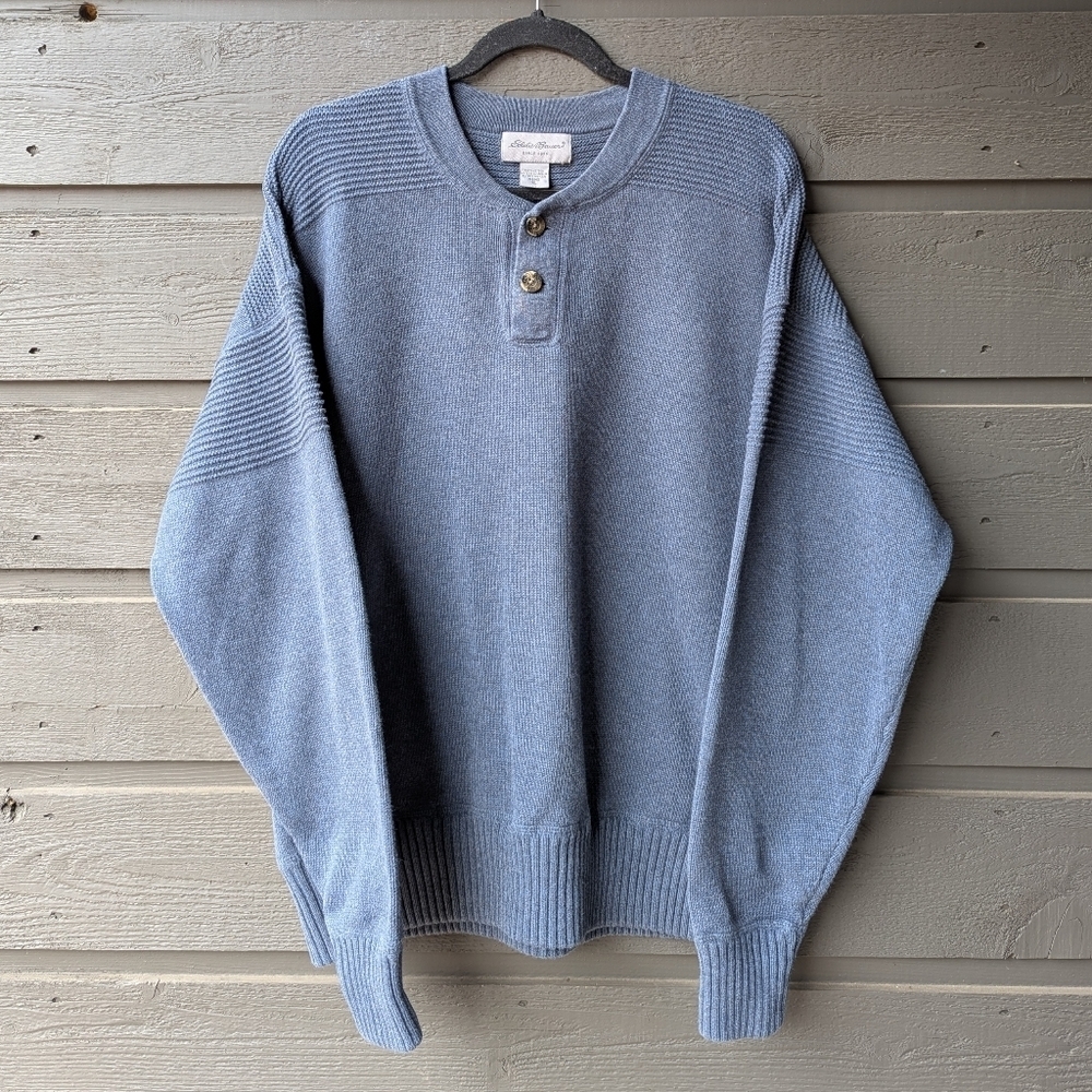 Eddie Bauer Men's Slate Blue Crewneck Henley Sweater Size XL 100% Cotton